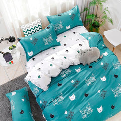 TEXLORD Home Textile Cyan Cute Cat Kitty Duvet Cover Pillow Case Bed Sheet Boy Kid Teen Girl Bedding Linens Set King Queen Twin